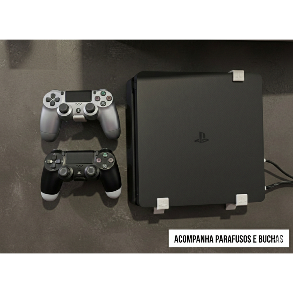 Kit Suporte de Parede PS4 Slim + 2 Suportes Controles + Buchas e Parafusos