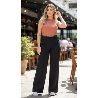 Calça Alfaiataria Pantalona com Cinto Feminina Social Zara Modeladora Moda Premium Elegante em Oferta na Shopee