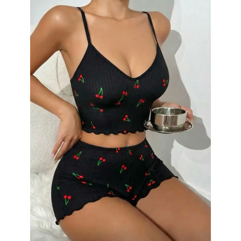 Pijama Feminino Cereja Cherry Cropped Suede Canelado