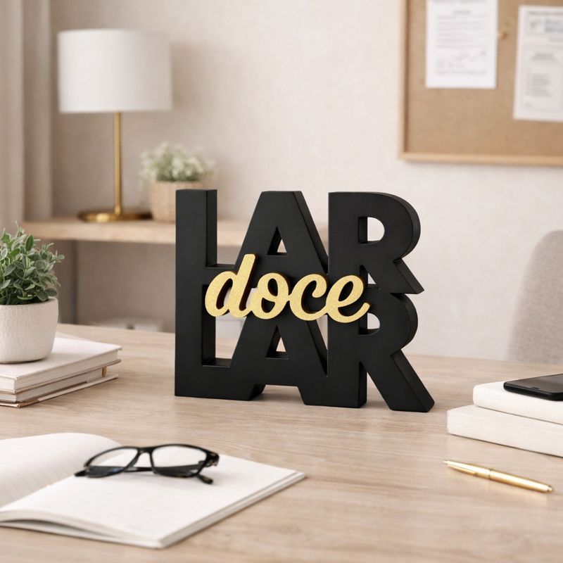 Letreiro Decorativo Lar Doce Lar Preto e Dourado | Enfeite Moderno Minimalista para Sala, Estante e Escritório