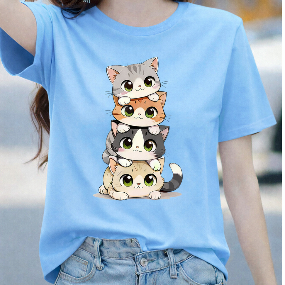 Camiseta Feminina Estampada Gatinho Algodão Premium Casual Moda Verão em Oferta na Shopee