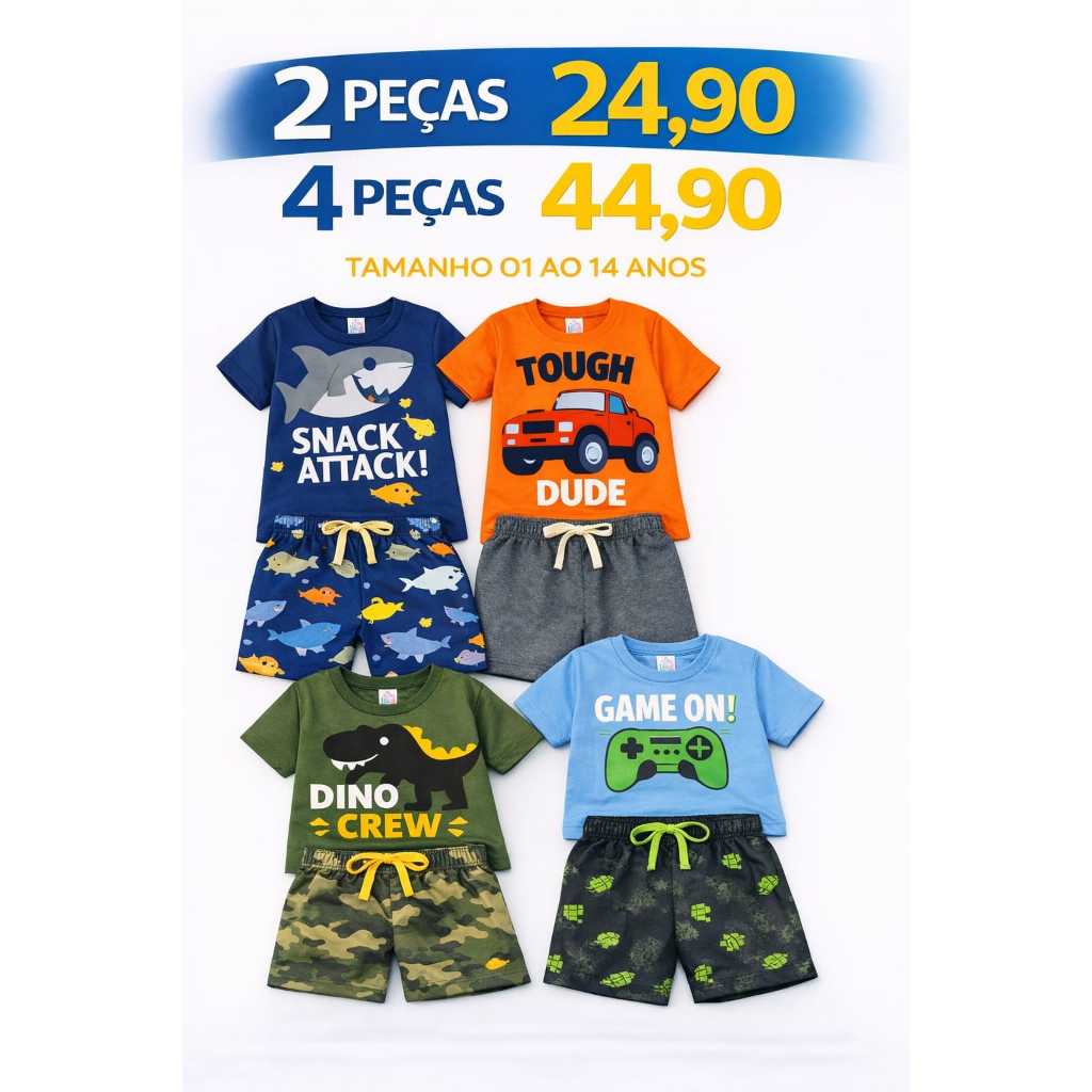 Kit 2 peças e 4 Peças Conjuntos Sortido Camiseta + Shorts Estampados Infantil Menino Tamanho 1 ao 14