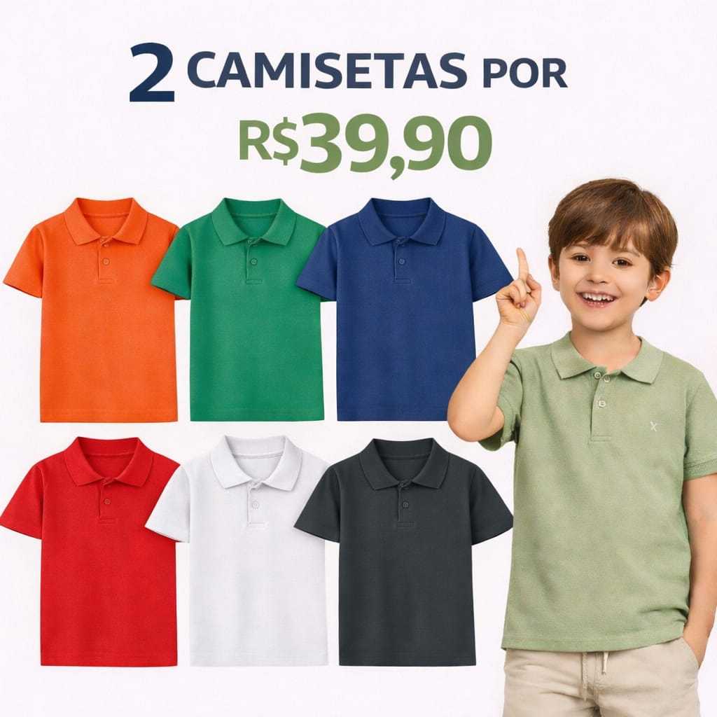 Kit C/2 Camisetas Polo infantil e  Juvenil Manga Curta tamanho 01 ao 14