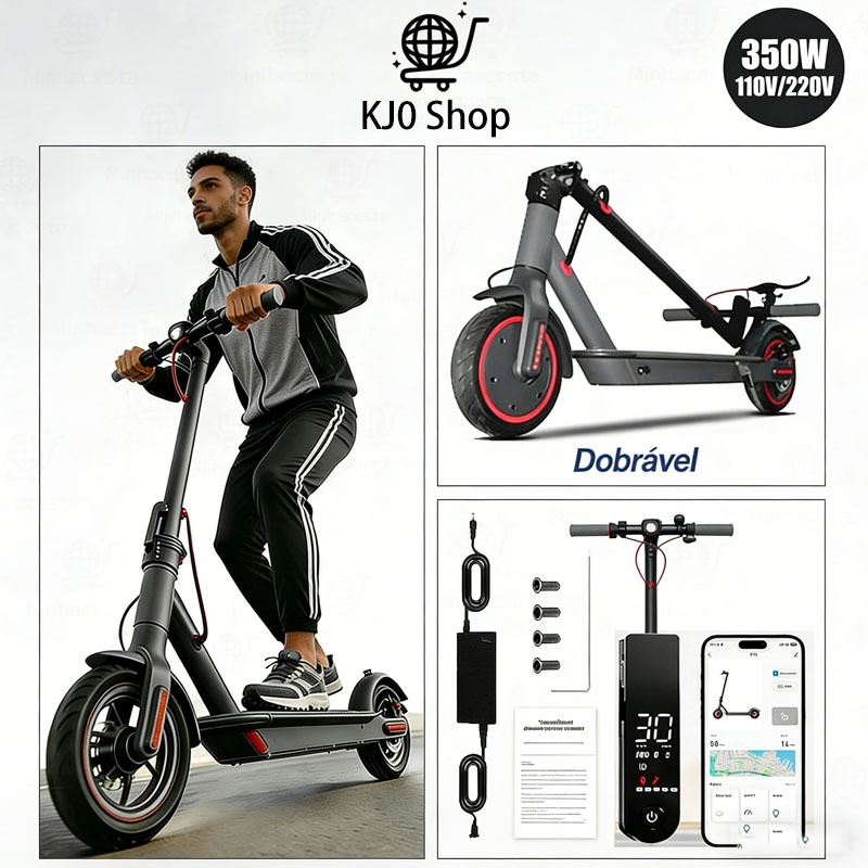 Patinete Elétrico 350W com Assento Ajustável | Bateria 10Ah, 30km | Carga 120kg, 30km/h, Dobrável