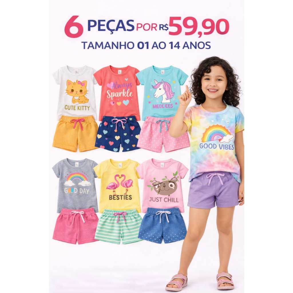 Kit Verão Infantil Feminino 6 Peças 3 Conjuntos Blusa e Short Menina Tamanho 01 ao 14 Anos