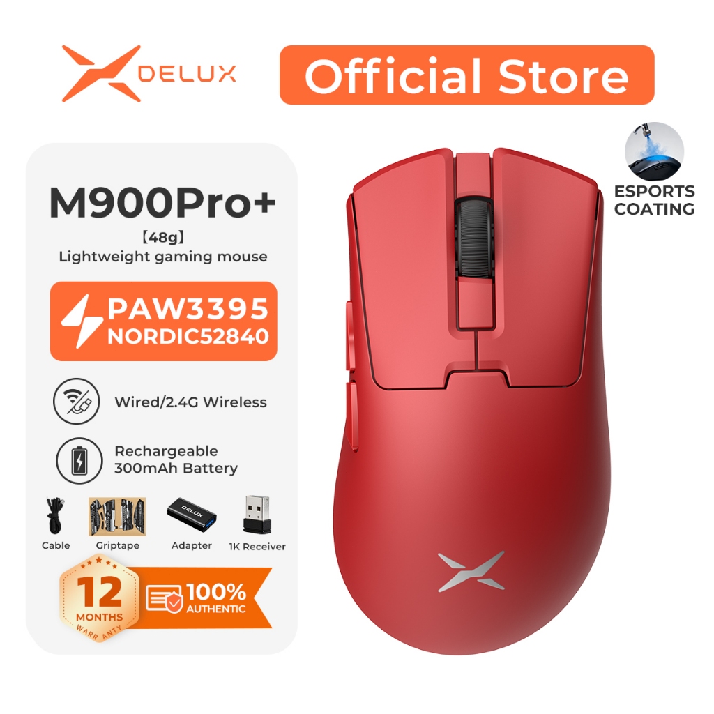 DELUX M900 PRO+ V2 Mouse Gamer Sem Fio 48g – PAW3395, 8K Wireless, 26000 DPI, Ergonômico para Mãos Médias e Grandes