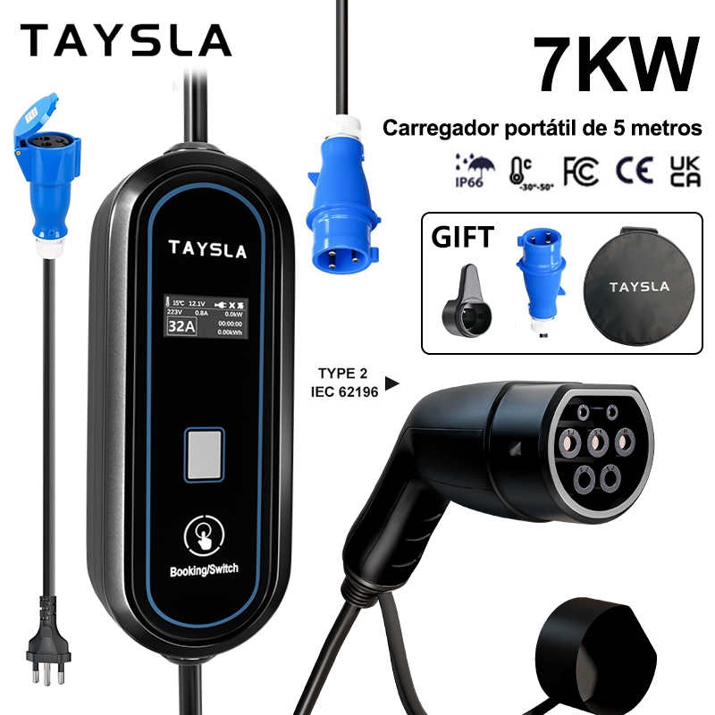 Carregador Portátil para Carro Elétrico 7KW 32A Taysla BYD, Volvo e Todas Marcas com Tipo 2 Voltagem 80-260V (110V/220V) em Oferta na Shopee