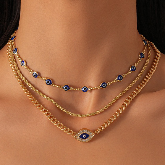 KIT 3 Choker 1 Colar de corda torcida em ouro + 2 Colar Olho grego Azul Banhado em Oferta na Shopee