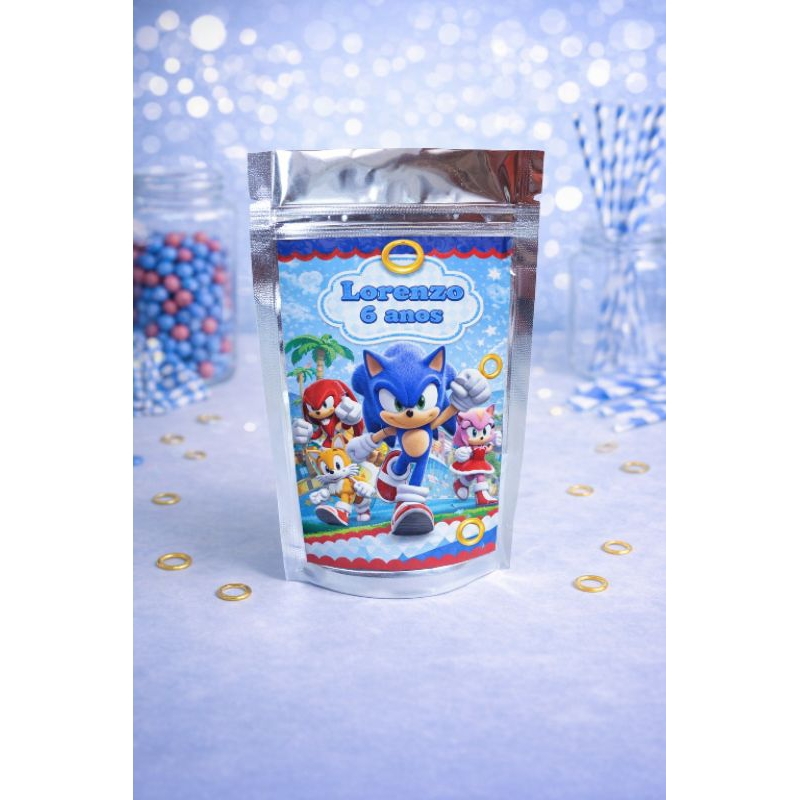 Saquinho metalizado personalizado tamanho P no tema Sonic/lembrancinha Sonic/festa personalizada sonic