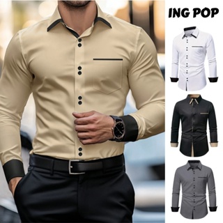 Camisa Social Masculina Casual Slim Fit Top de Manga Longa com Coloridos em Contraste em Oferta na Shopee