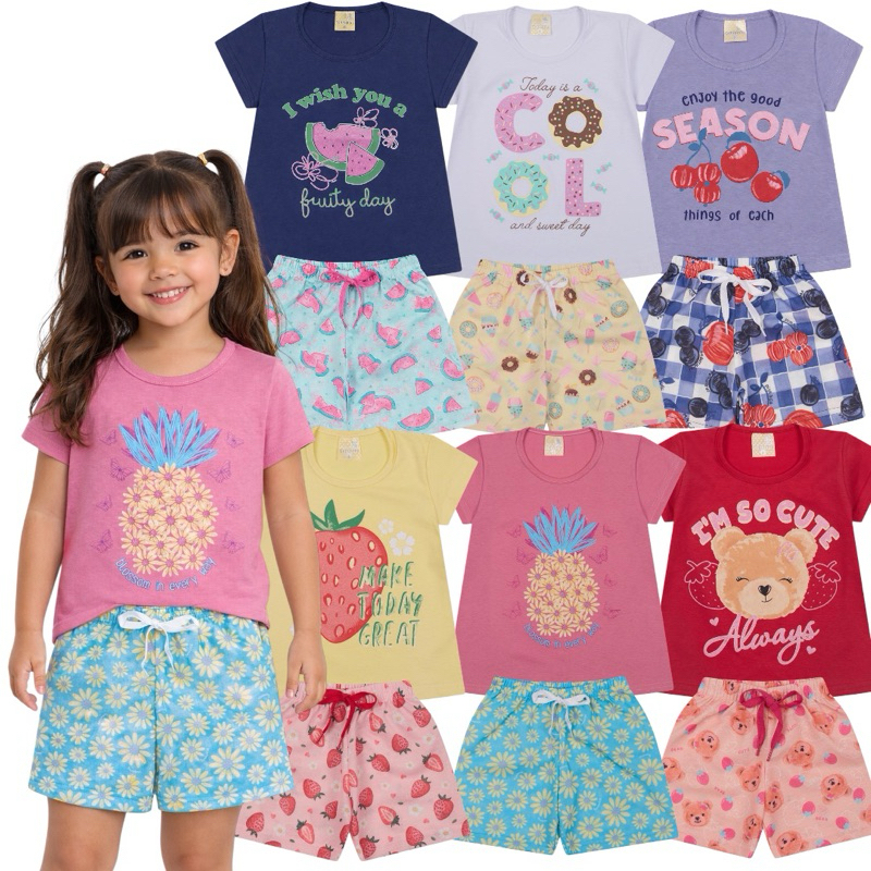 Kit Sortido 6 Peças de Roupas Infantil Menina  - 3 Blusas + 3 Short Infantil Menina Verão Feminino Bebê