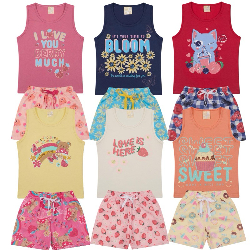 Kit Sortido 10 Peças de Roupas Infantil Menina - Conjuntos com 5 Regata +5 Short Verão Feminino Bebê