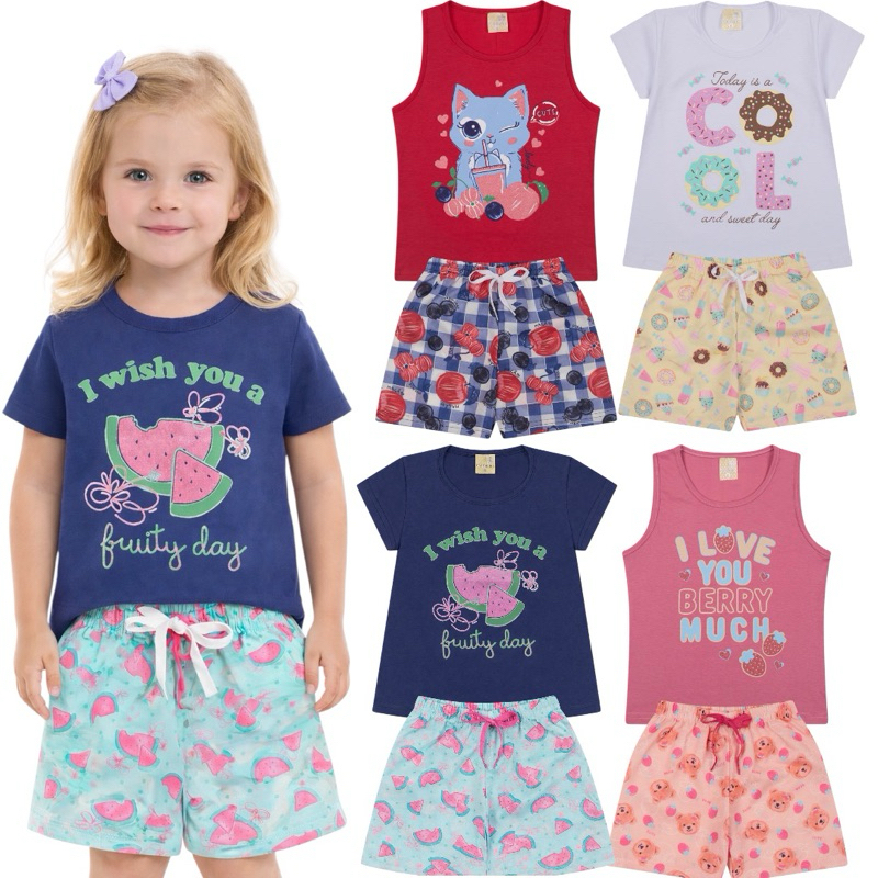 Kit Sortido 8 Peças Infantil Menina - 4 Conjuntos -2 Blusas + 2 Regata + 4 Short Verão Feminino Bebê