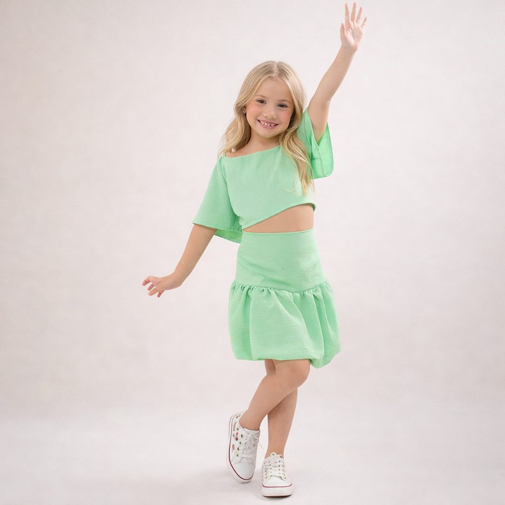Conjunto Infantil Saia Balone + Blusa Leve Verão Moda Roupa Infantil Menina Mini Diva Blogueira