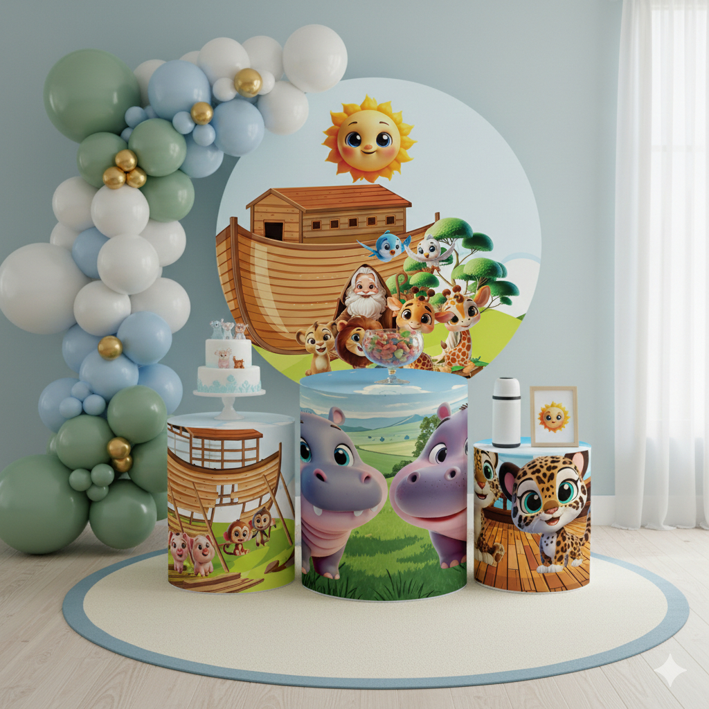 Kit Capas Festa Arca de Noé Tema Infantil Baby para Cilindros e Painel Decoração Moderna Cute