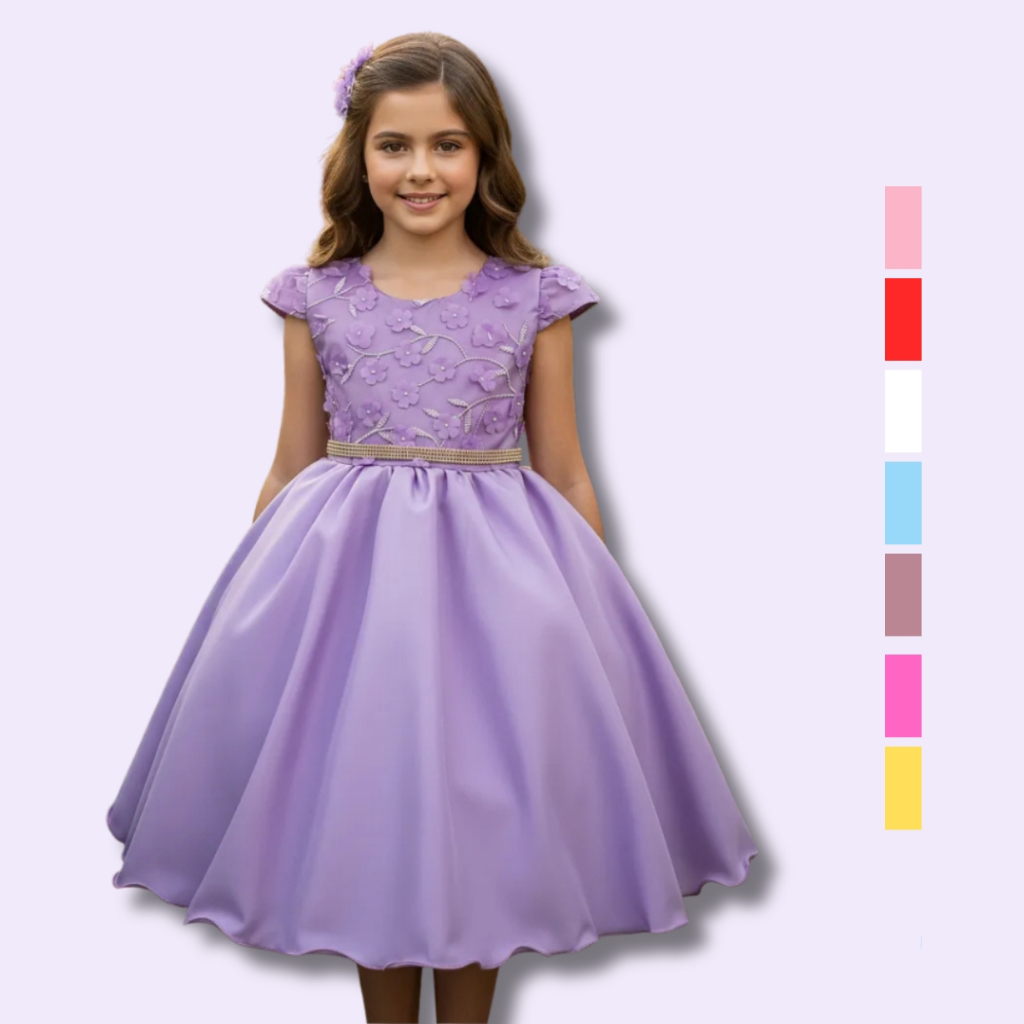 Vestido Juvenil Curto Com Aplicações de Flores Elegante