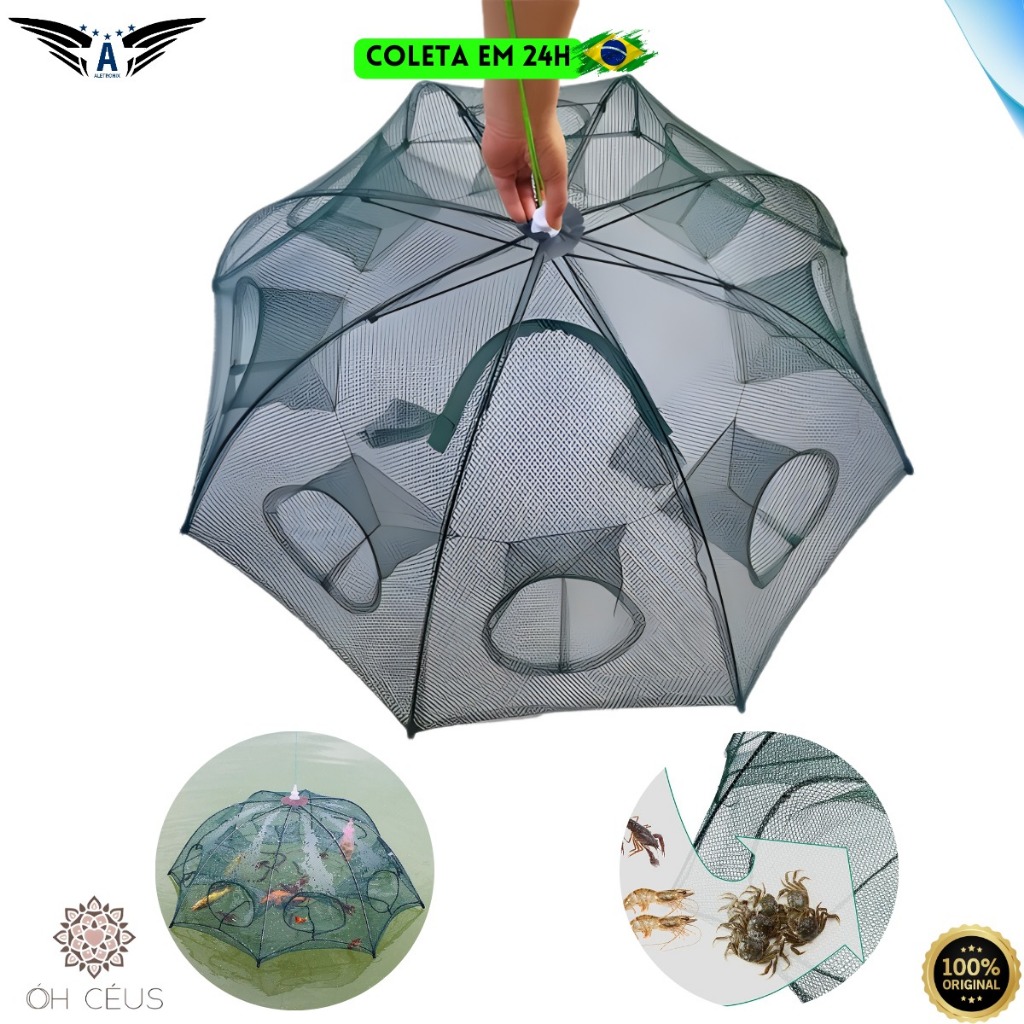 Rede Pesca Dobravel Covo Tipo Guardachuva Nylon 8 Furos Compacta