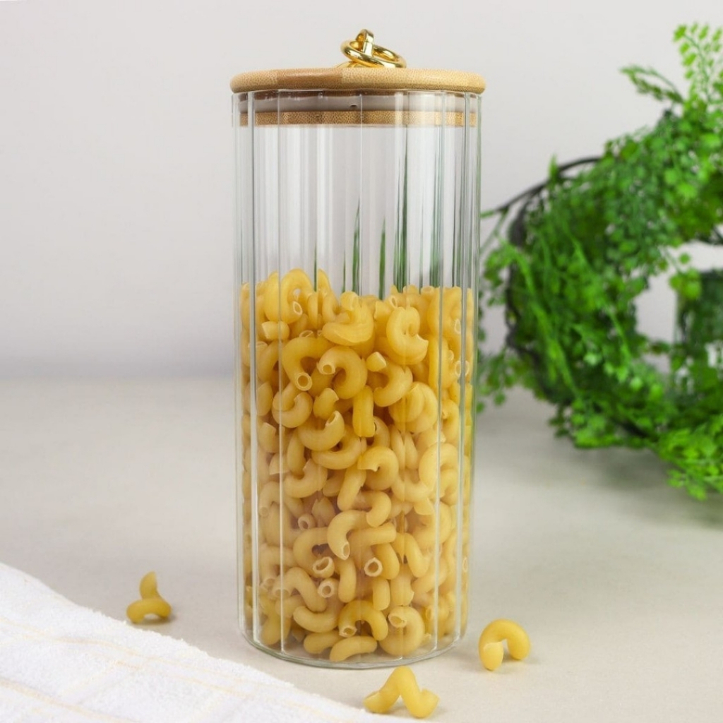 Porta Mantimentos G (1050ml) Vidro transparente canelado Tampa de Bambu Hermético argola dourada organizador cozinha