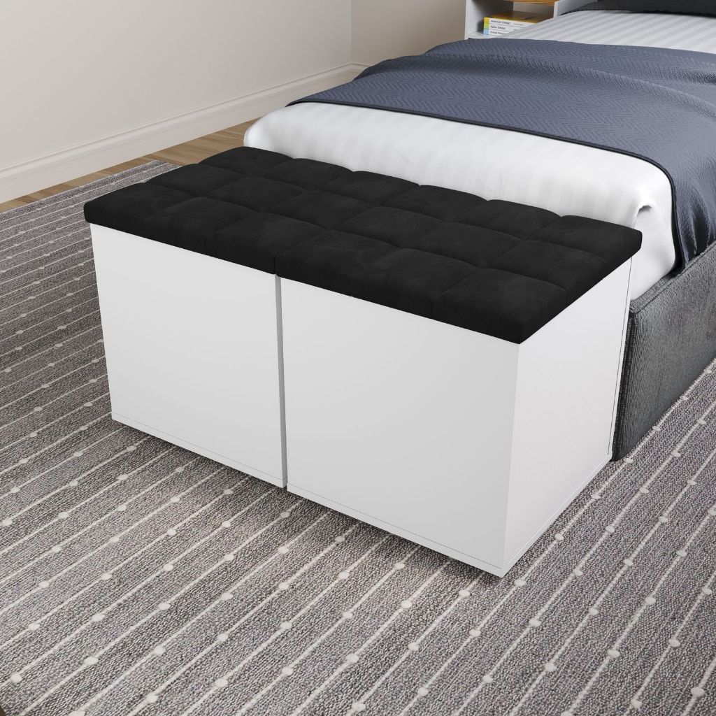 Kit 2 Puffs Bau Organizador Decorativos para Quarto Sala Escritorio Preto - kit puf bau kit pufe