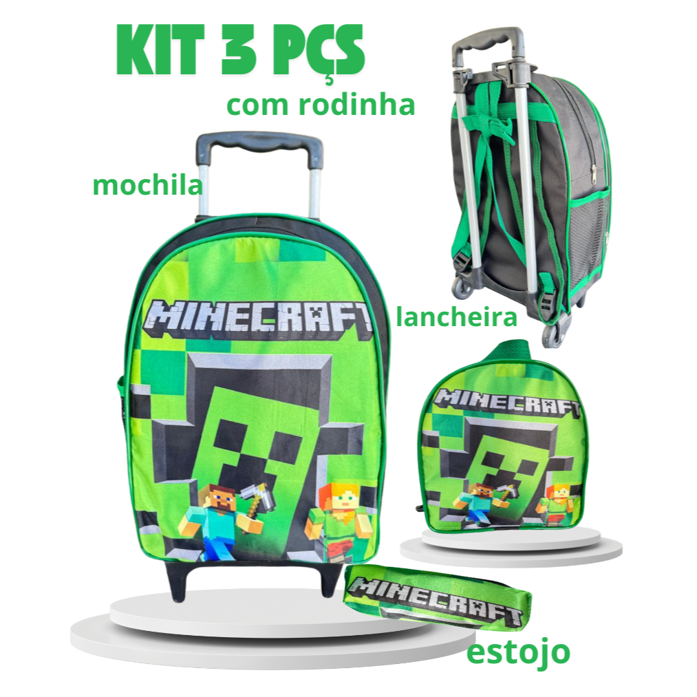Kit Mochila Escolar Minecraft Com Rodinha Lancheira  + Estojo Volta as aulas
