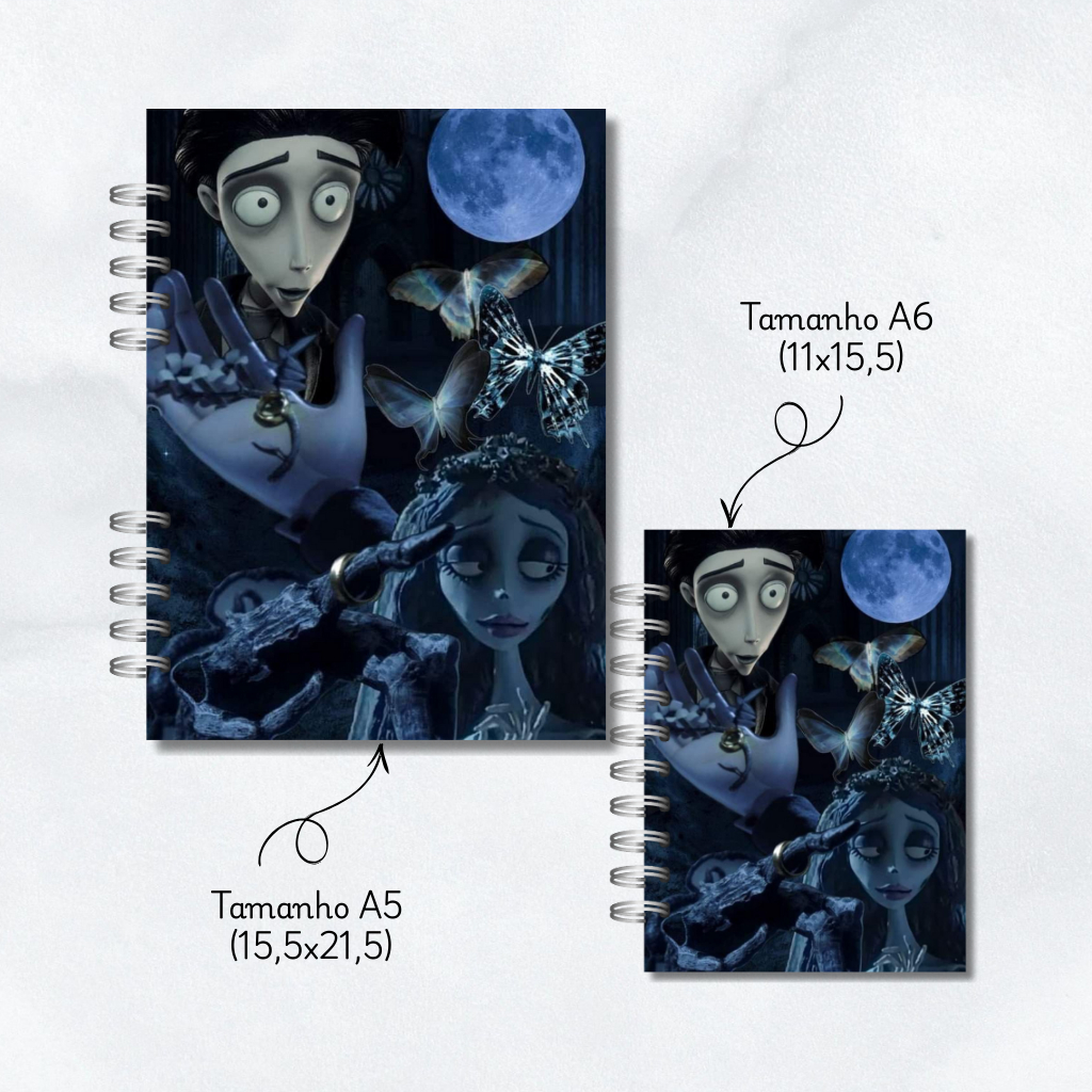 Caderno A Noiva Cadáver (Corpse Bride) - A5 (14,8x21cm) ou A6 (10,5x14,8).