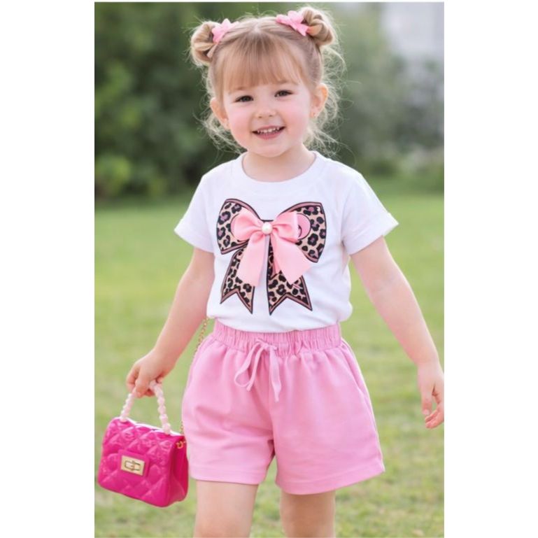 Conjunto Infantil Menina para o Verão | Conjunto  Short Rosa + Blusa Cropped estampado com laço