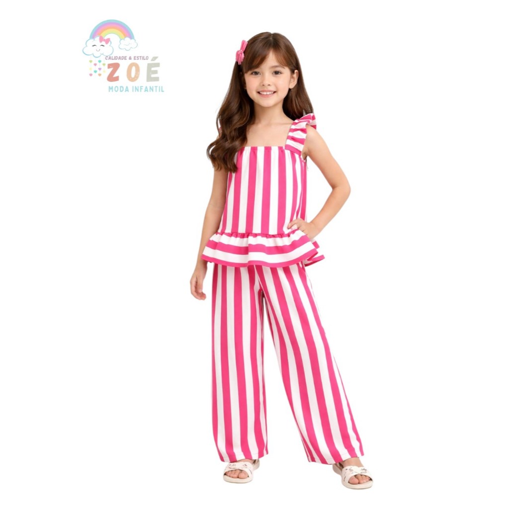 CONJUNTO INFANTIL LISTRADO FRESQUINHO - BLUSA COM BABADO+CALÇA | 4 A 10 ANOS em Oferta na Shopee