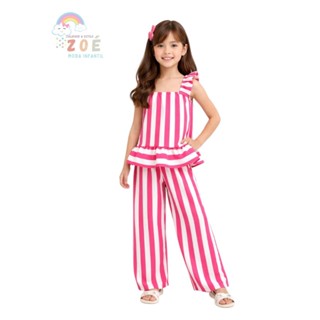 CONJUNTO INFANTIL LISTRADO FRESQUINHO - BLUSA COM BABADO+CALÇA | 4 A 10 ANOS em Oferta na Shopee