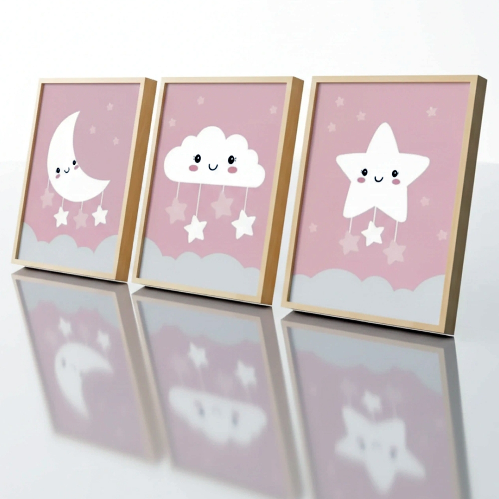 Quadro decorativo estrela nuvem e lua fofinhos crianças infantil 3 peças sala quarto cozinha e escritorio decoraçao em Oferta na Shopee