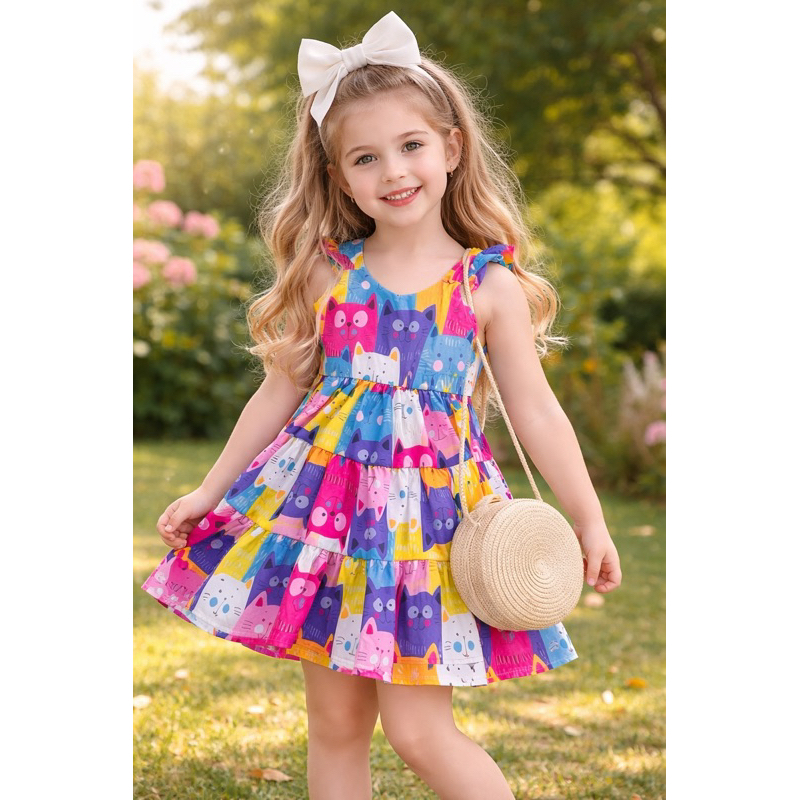 Vestido Infantil Estampado Gatinho colorido 2 ao 10