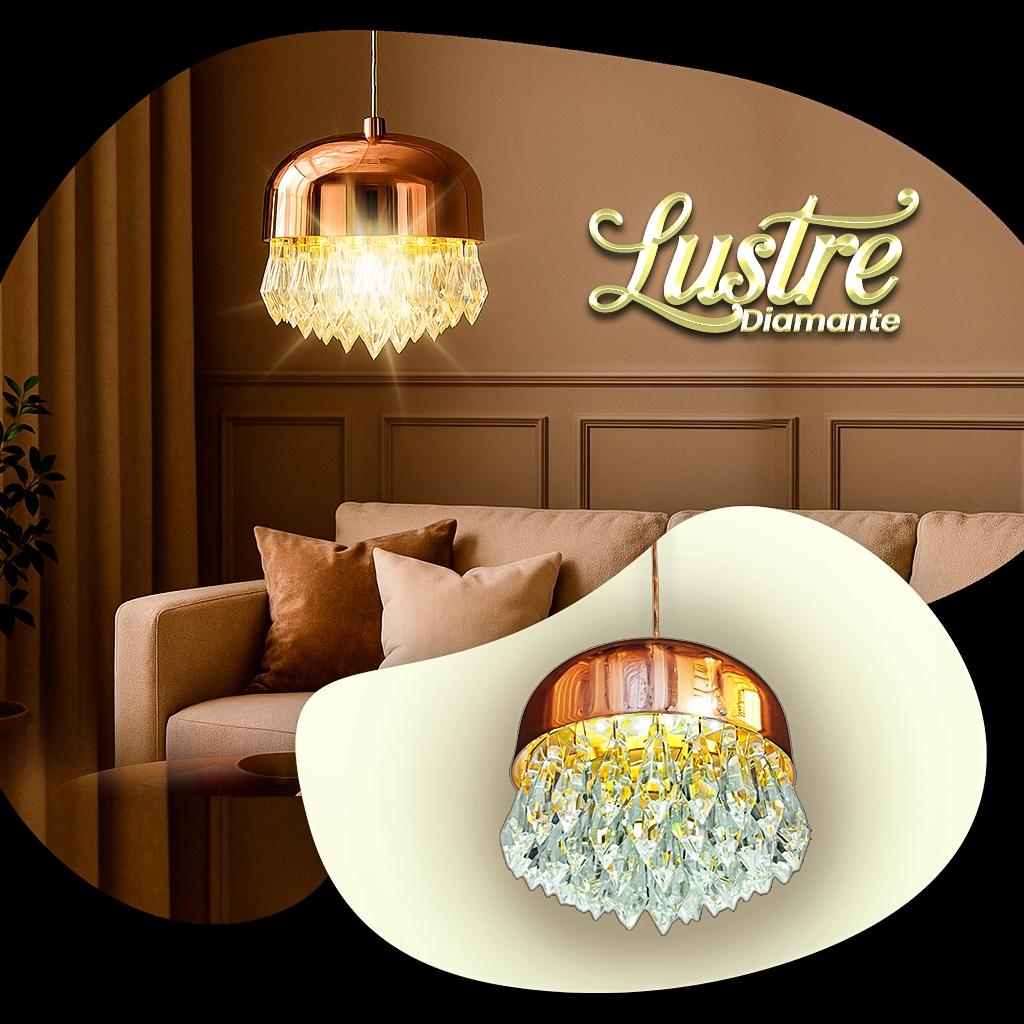 Lustre Pendente de Cristal LED 7W Bivolt Luxo Dourado 3 Tons de Luz Ajustável 2m 12cm