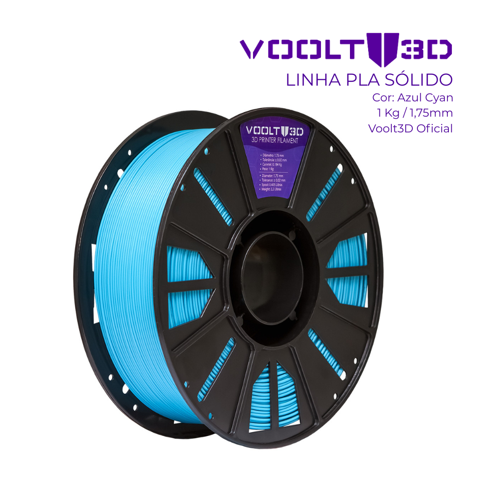 Filamento PLA Azul Cyan Sólido Premium 1Kg 1,75mm - Para Impressora 3D FDM - Voolt3D