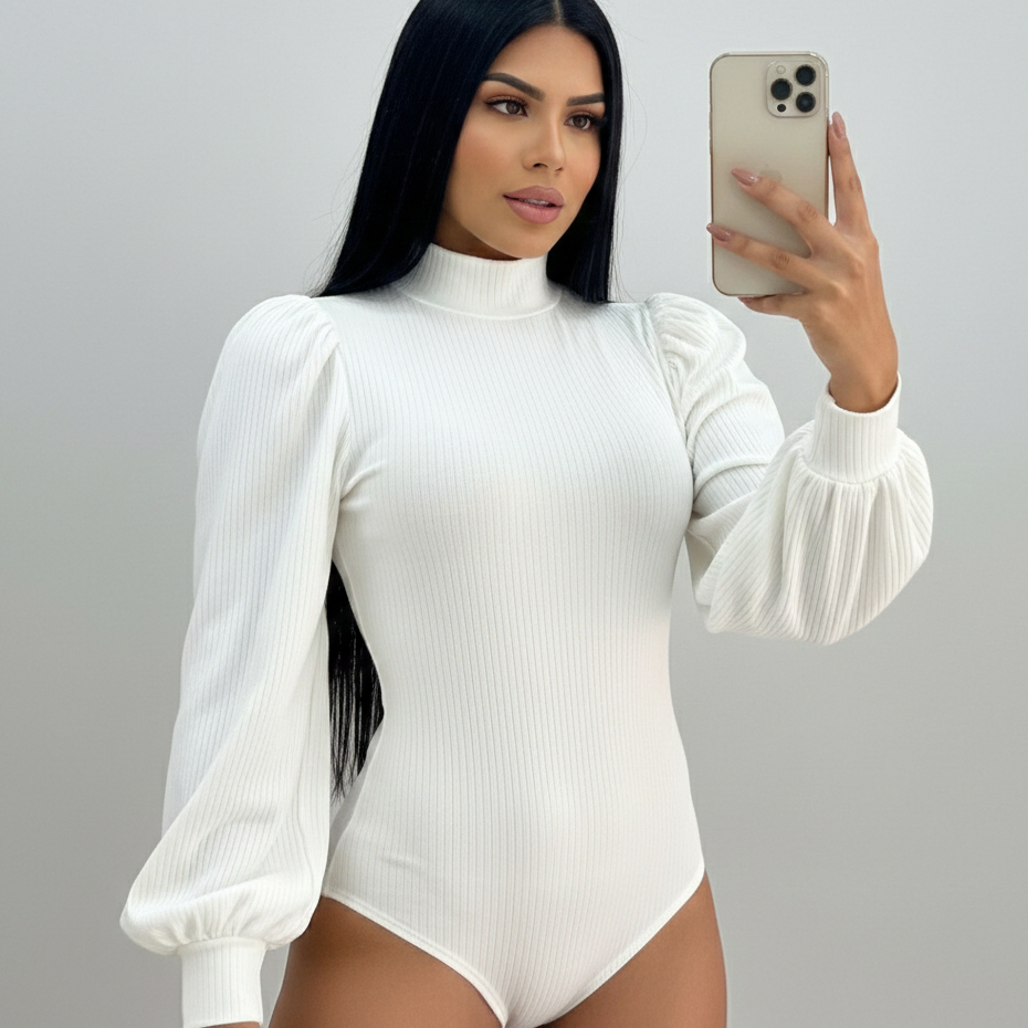 Body Feminino Manga Longa Princesa Bufante Gola Alta Cacharrel Canelado Inverno Mel