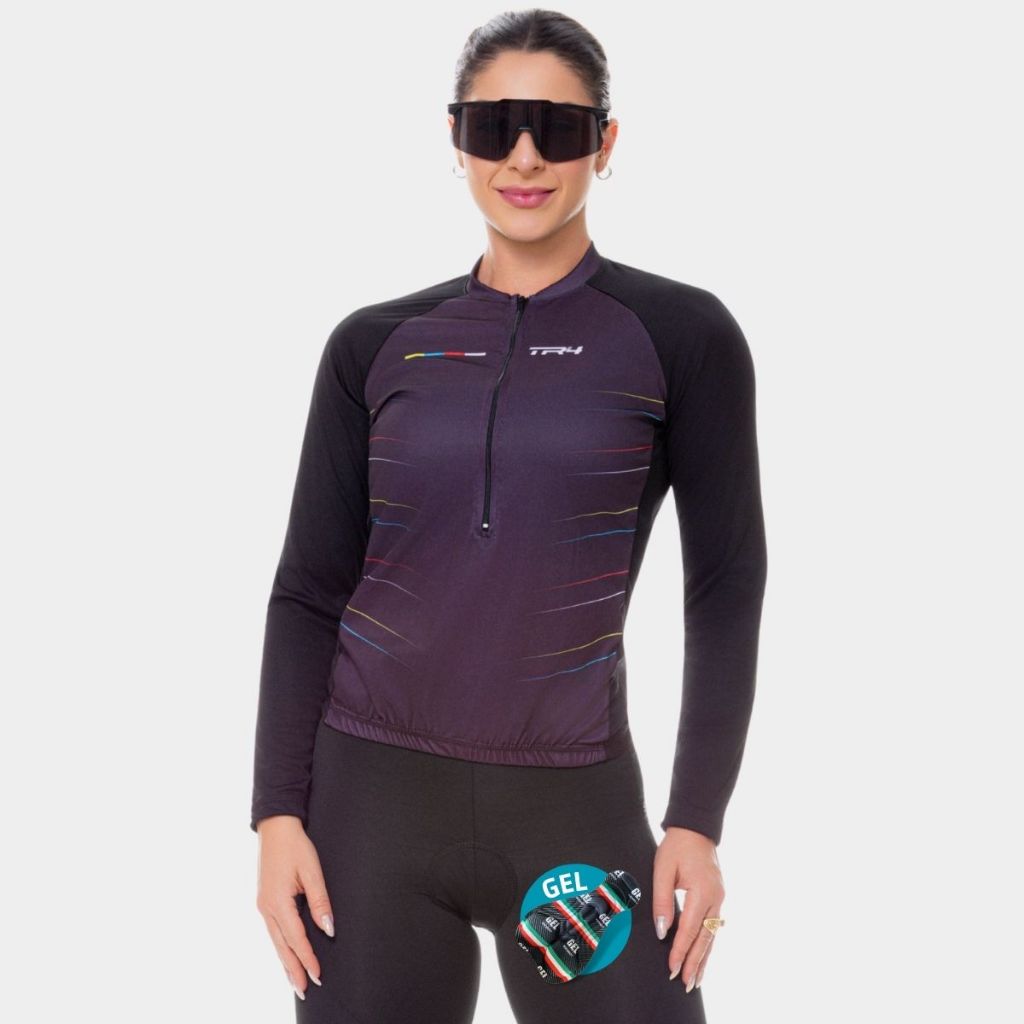 Kit Roupa Feminina Ciclismo Conjunto Camisa Blusa Manga Comprida Short Bermuda Gel Bike Pedal Speed