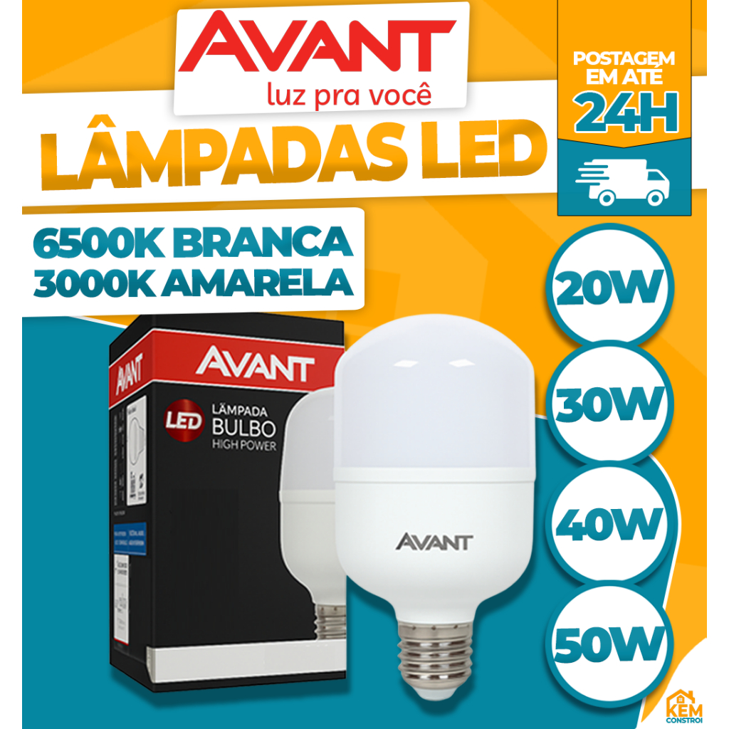 Kit Lâmpada LED Alta Potência 20w/30w/40w/50w E27 Bivolt Forte 6500K/3000k Luz Quente Fria Avant em Oferta na Shopee