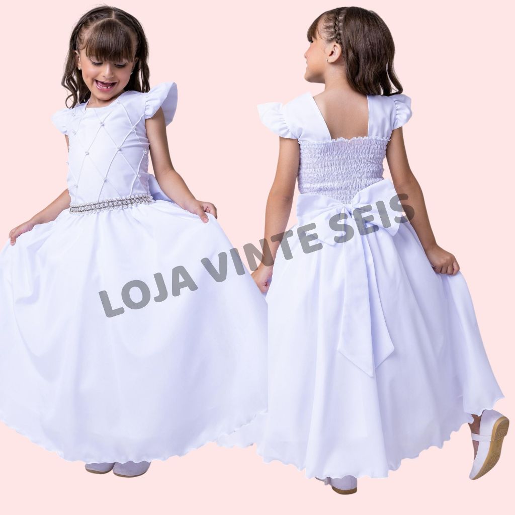 Vestido Infantil Branco Longo Daminha Batizado Formatura Aniversário Casamento Festa Luxo 1 ao 18 anos