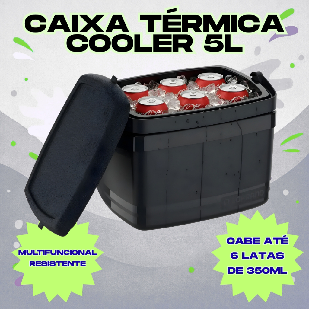Caixa Termica Cooler Termico Com Alça 5 Litros Preto - Soprano
