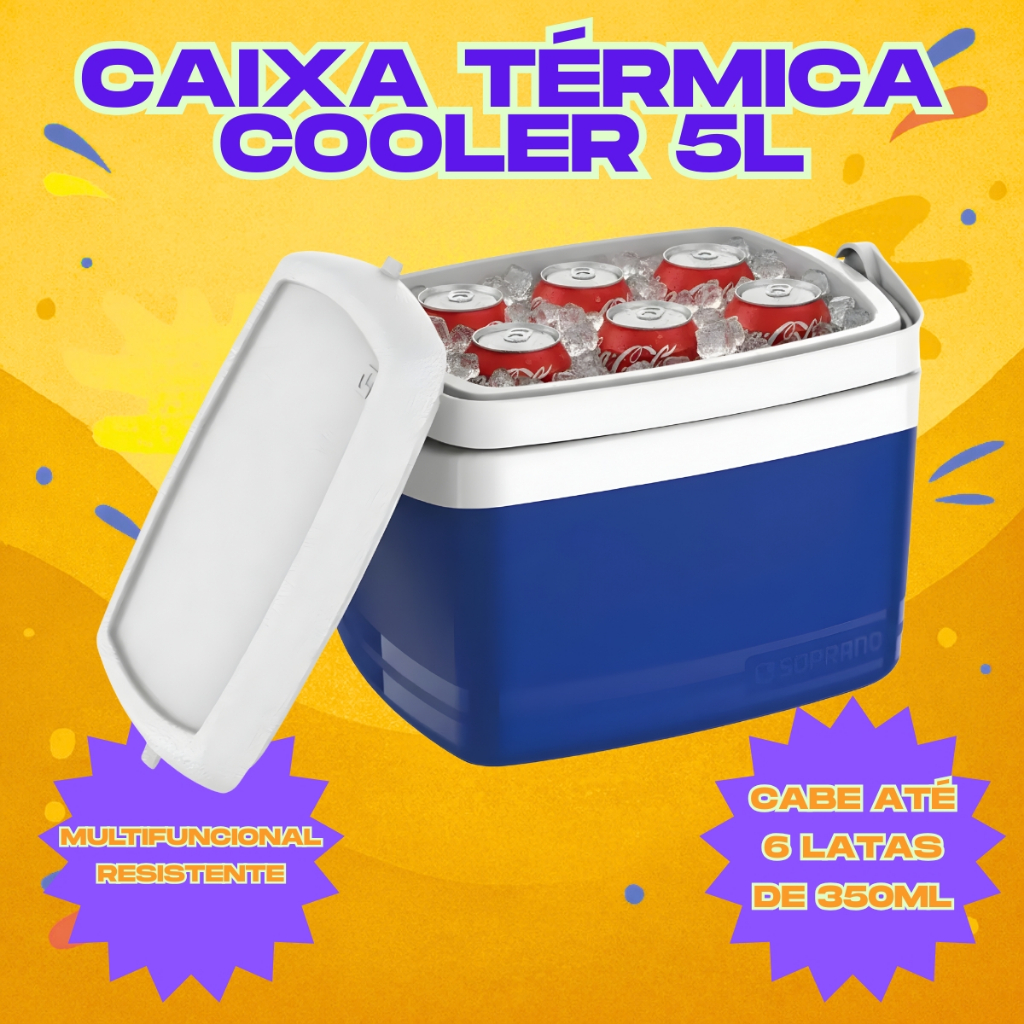 Caixa Térmica 5 Litros Cooler Azul Alça Reforçada Até 6 Latas Praia Camping Pesca Bebidas 8Hr Gelado