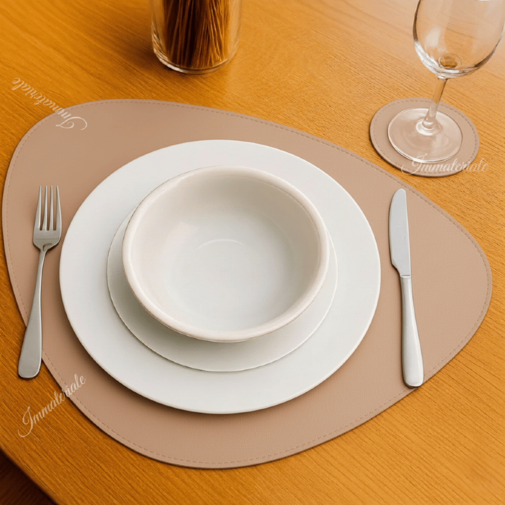 Kit Jogo Americano Mesa de Jantar Dupla face com Porta Copos em Couro PU Premium