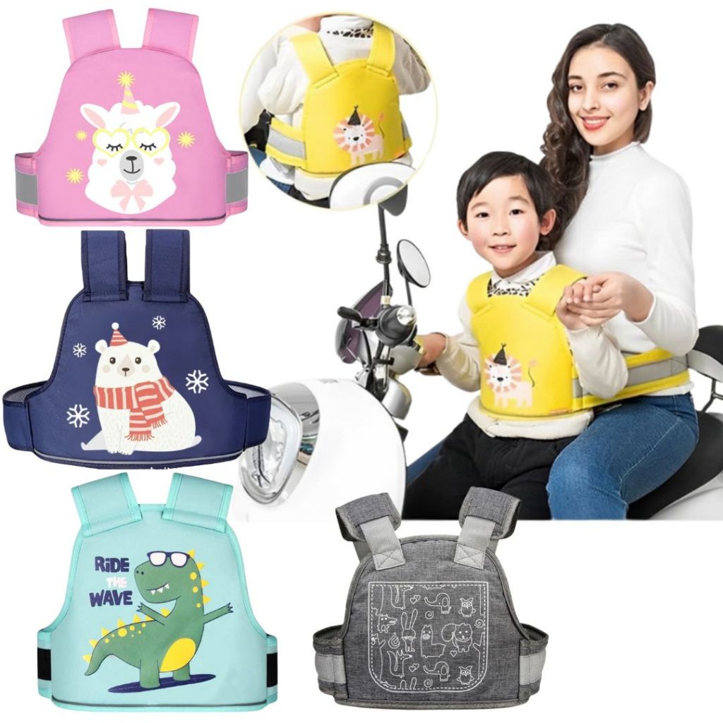 Colete Cinto Segurança Infantil Moto Elétrica Criança Bike Canguru Garupa Desenho Colorido Ajustável