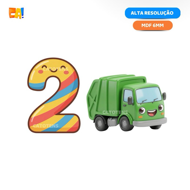 Kit 2 Displays número 2 cute colorido e caminhão verde 3D 60cm a 70cm
