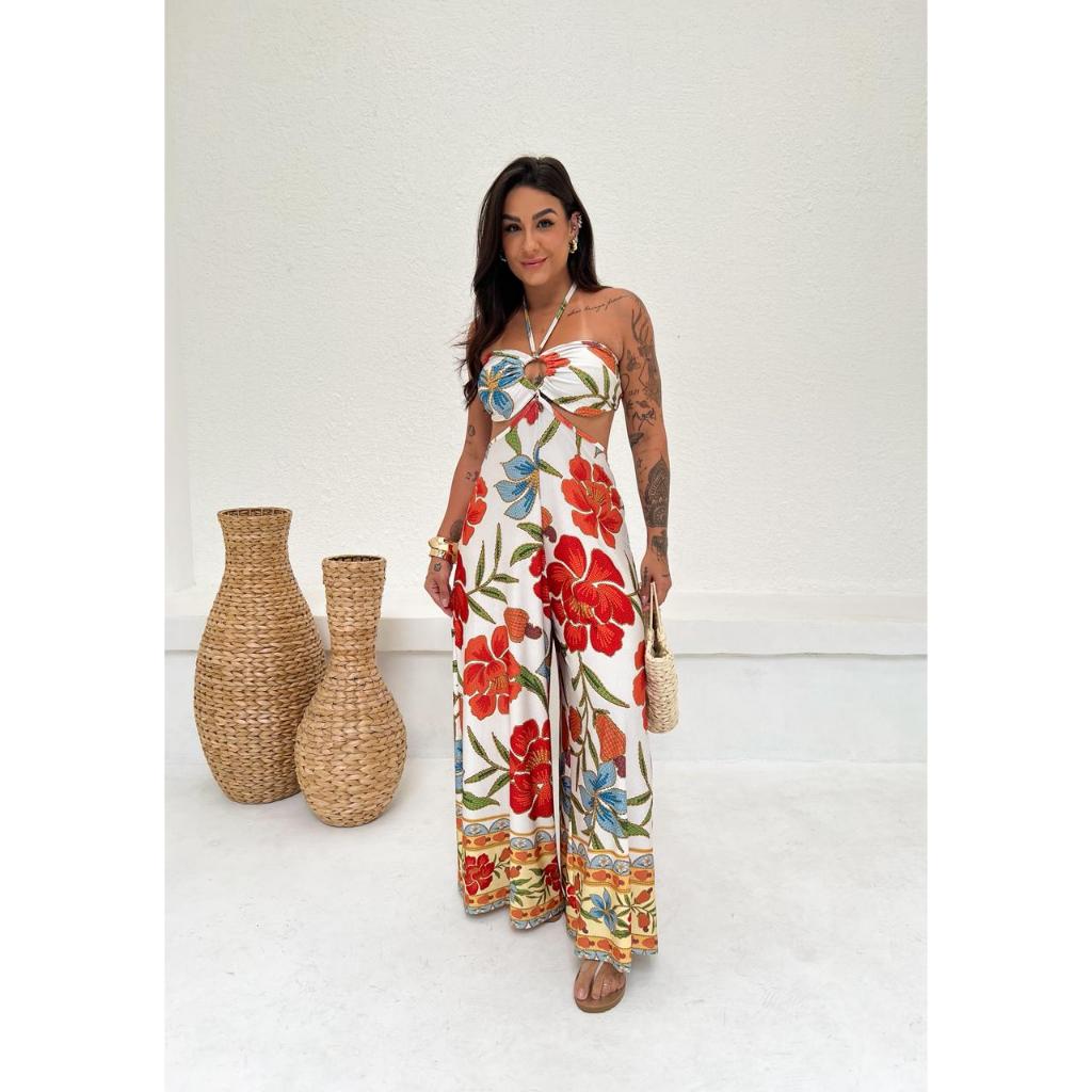 MACACÃO SANDRA - Macacão feminino longo flores tendencia inspiração fa floral verão soltinho amarração