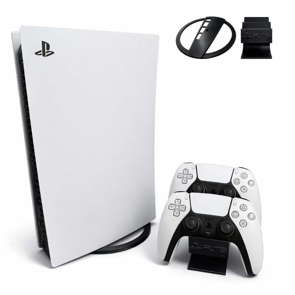 Suporte PS5 Vertical + Suporte 2 Controles DualSense | Base Estável Slim/Fat/Pro | Branco/Preto