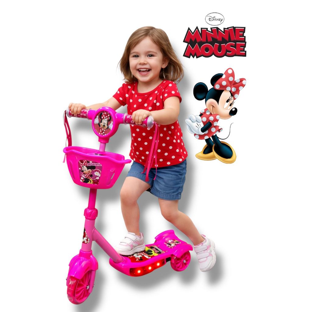 Patinete Infantil Minnie Mouse Musical Cesta Luzes 3 Rodas