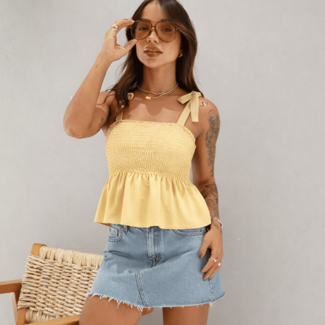 Blusa Bata Feminina Elegante Amarração Ajustável Com Lastex Confortável Cores Candy Color Amarelo Manteiga Tecido Duna