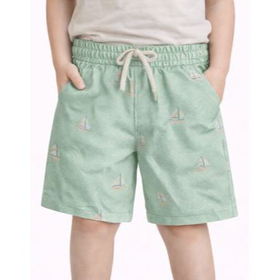Bermuda Short Praia Piscina Tactel Infantil Masculina Estampada Barquinho Elástico e Cordão Verão