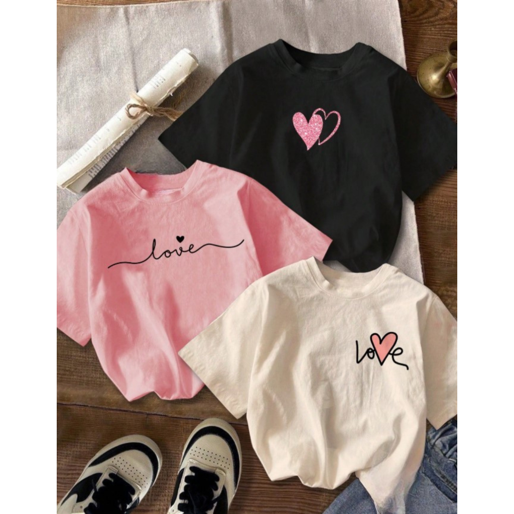 Kit 3 Camiseta Feminina T-shirt Infantil Básica Algodão Love Coração | Enviamos De Imediato em Oferta na Shopee