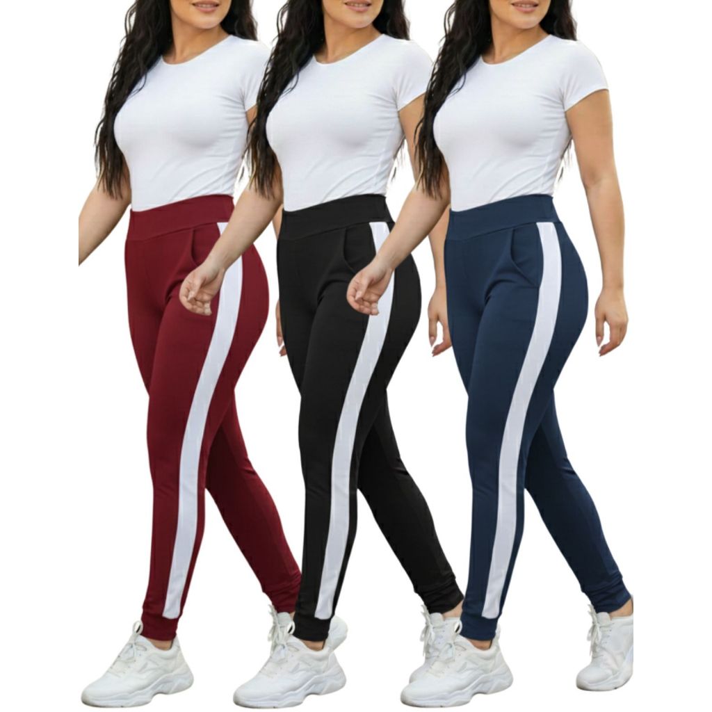 Kit 3 Calças Feminina Jogger Crepe Slim Com Listra Lateral Academia