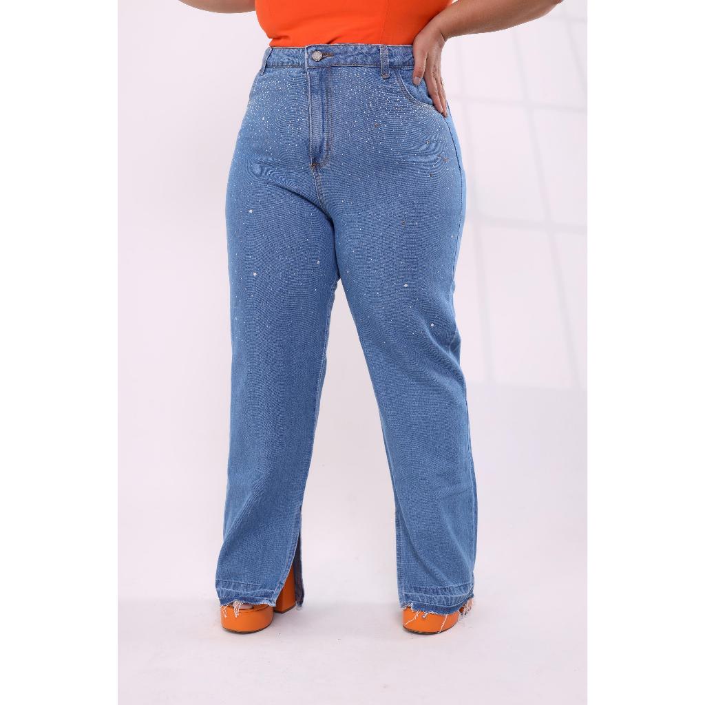 Calça Jeans Feminino Plus Size Sem Lycra, Cintura Alta, Detalhe De Brilho Frontal, Revesst Jeans. em Oferta na Shopee