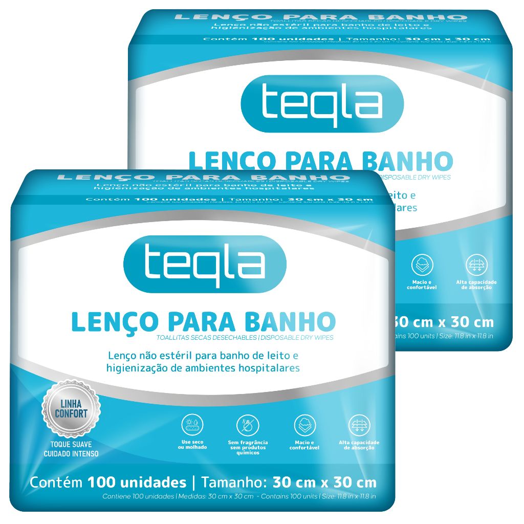 Lenço de Banho Descartável Teqla - Kit 200 Unidades (30 cm x 30 cm) - Linha Confort